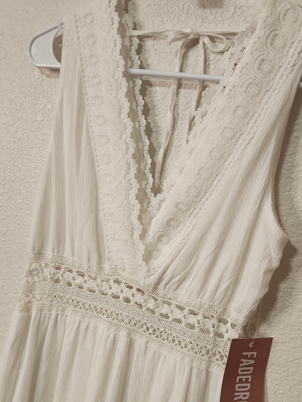 257.Faded Rose Bohemian Lace-Trim White Maxi Dress - Picture 3 of 5